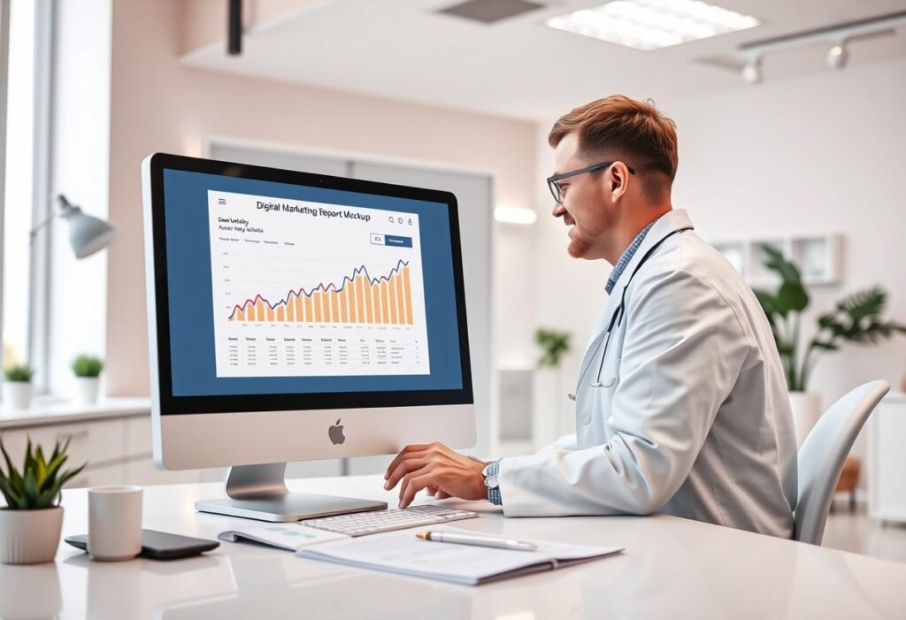 Doctor checking digital marketing report of his clinic